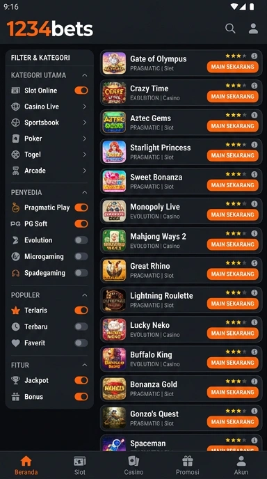 Tampilan katalog aplikasi 1234bets