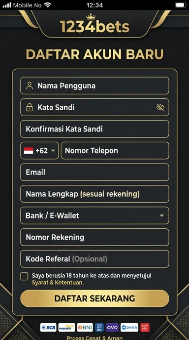 Tampilan halaman daftar 1234bets